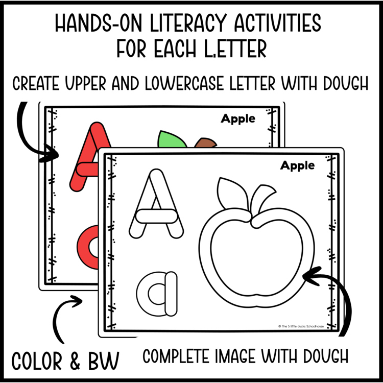 Alphabet playdough mats preview showing color and black and white letter formation practice