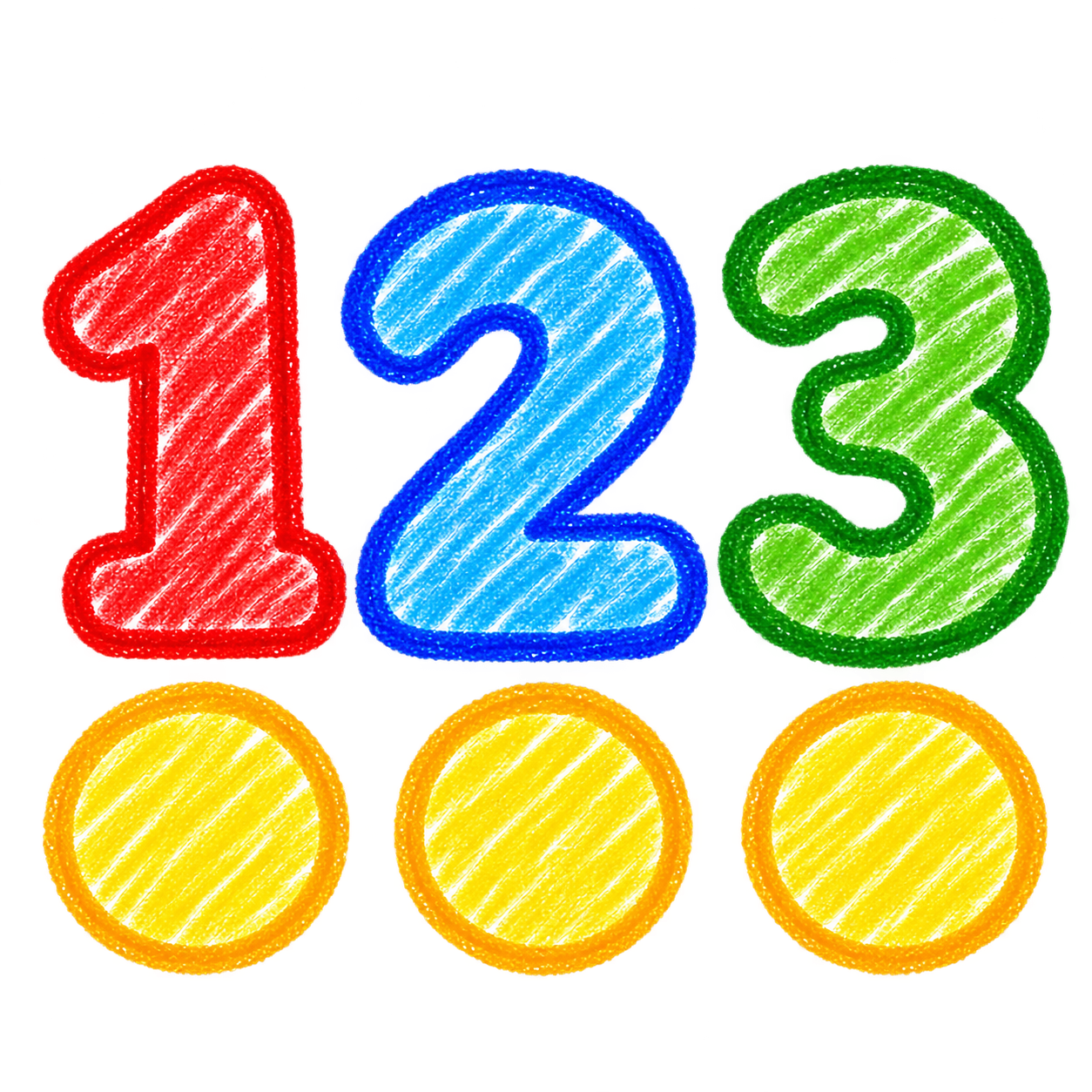 Home 3 Crayon-style numbers 1, 2, and 3 in red, blue, and green, with three yellow counting dots underneath.