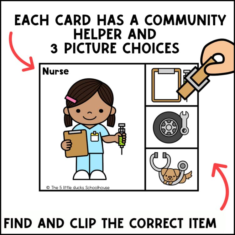 Community Helpers Clip Cards preview showing matching careers and tools for preschool, pre-k, and kindergarten