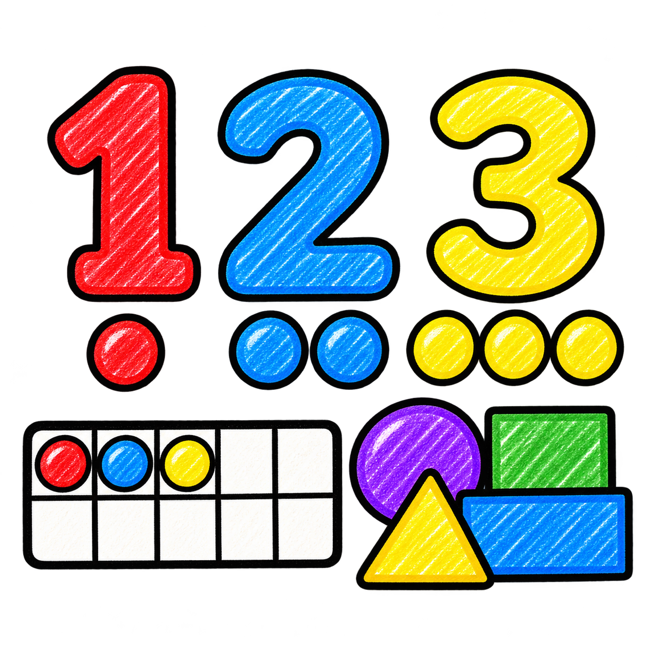 Home 3 Crayon numbers 1, 2, and 3 with counting pieces for preschool math and number sense activities
