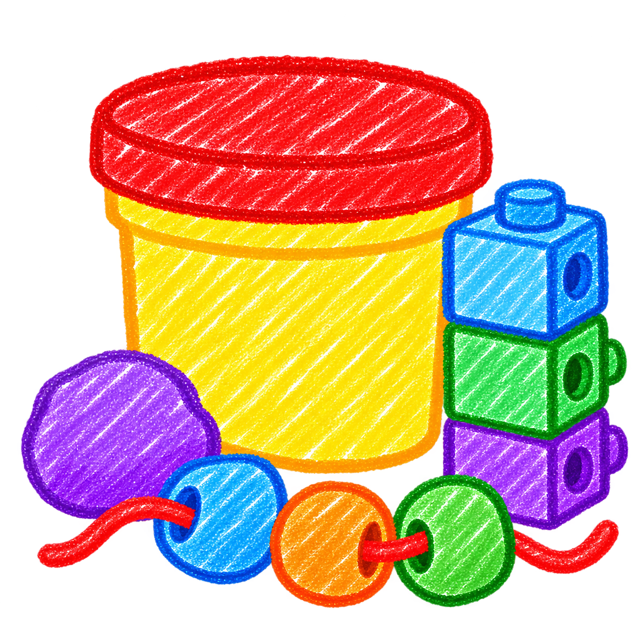 Home 4 Crayon-style illustration of a yellow playdough tub with a red lid, purple playdough, colorful linking cubes, and threading beads on a red string.