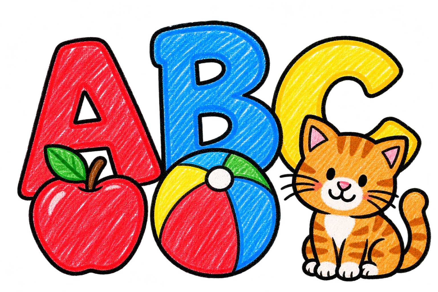 Home 2 Crayon ABC letters with apple, beach ball, and cat for preschool alphabet and beginning sounds activities